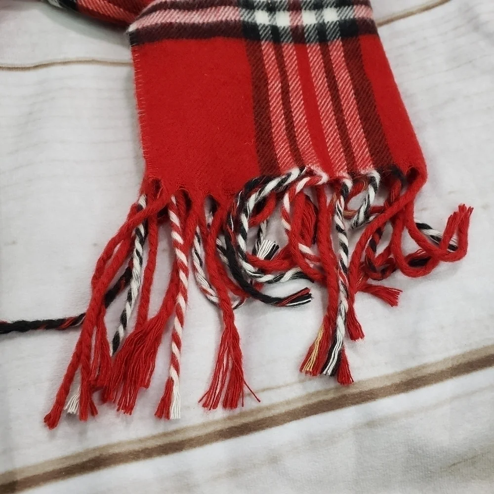 Red Black White Tartan Plaid Scarf Cashmere Feel Fringe Ends 53 x 11 Inch